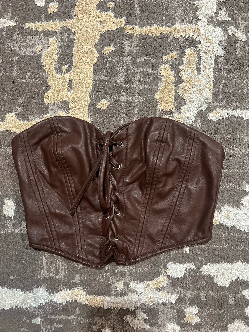 Brown Faux Leather Lace-Up Bustier Crop Top